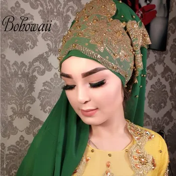 170 cm Bijuterii Jersey Hijab Musulman cu Turban Hijab Eșarfă 24 Culori Malaezia Sifon Bling Bling Margele Capota Hijab Eșarfă