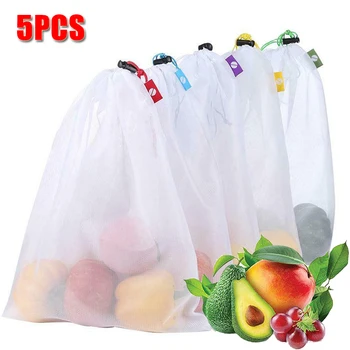 5pcs de Fructe și Legume de Stocare Plasă de Pungi Reutilizabile Net Saci de Bucătărie Alimente Organizator Jucarii Lavabile Alimentar Depozitare Sac de Ambalare