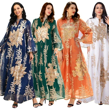 AB056 Maxi Rochie de Aur Paiete Broderie Verde Alb Abaya Femeie Femeie Musulmană Jalabiya arabă Haine Elegant Mâneci Lungi