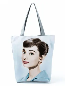 Audrey Hepburn Tipărite Geanta Eco Reutilizabile Capacitate Mare De Femei De Saci De Umăr Pliabil Albastru Geantă De Cumpărături Tote Puteți Model Personalizat