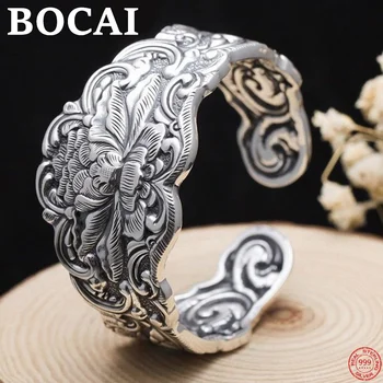 BOCAI S999 Argint Brățară de Epocă Relief Deschidere Largă Elegant Chic Celebra Floare de Bujor Pur Brățară de Argint