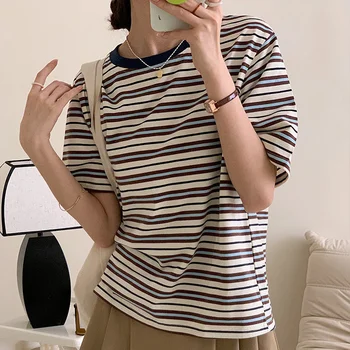 Bumbac cu dungi de Bază T-shirt Pentru Femei de Vară Liber Casual cu Maneci Scurte Rotund Gat Tricou coreean Teuri Topuri Haine de sex Feminin