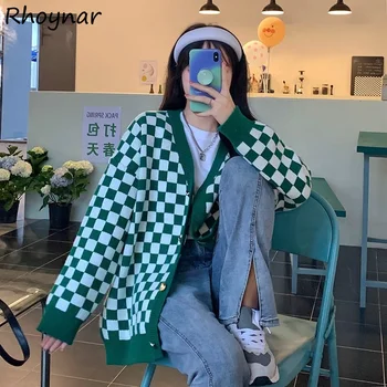 Cardigan Femei Carouri Pulover de Toamna cu Maneci Lungi V-neck Tricotate coreeană de Moda de zi cu Zi Casual, Toate-meci de Streetwear Harajuku Feminin