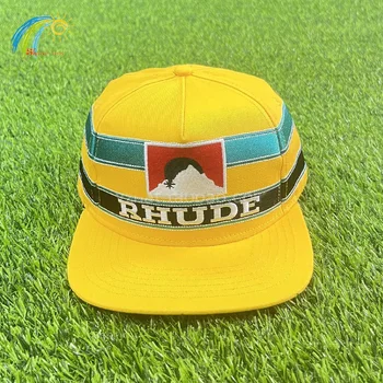 Cea mai bună Calitate Reglabil Galben Rhude Pălărie Bărbați Femei 1:1 Tag-uri Clasice Apus de soare Broderie LOGO Rhude Șapcă de Baseball cu Dungi Patch