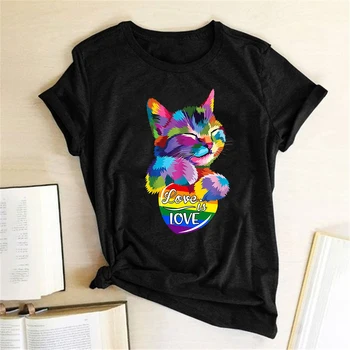 Colorat Pisica dragostea Este Dragoste Print T-shirt Femei Vara Graphic Tee de Moda Camasi pentru Femei Vrac Maneci Scurte Harajuku Haine