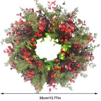 Coroană De Crăciun Decor Agățat De Copac Xmas Simulare Ghirlanda Artificiala De Fructe Rosii, Frunze De Eucalipt Ușa De Anul Nou Fereastra De Recuzită
