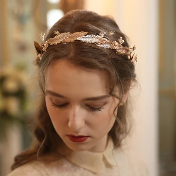 Culoare de aur de Frunze de Flori de Nunta Tiara Mireasa Coroana de Păr pentru Femei Vintage Petrecere Bal Hairband Bucată de Păr de Mână cu fir