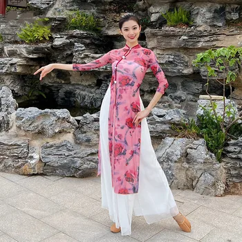 Dans Chinezesc Practică Haine Lungi Flowy Cheongsam Dansator Profesionist Tinuta Corpului Rima Tifon Sus Zână Elegant Clasic Roz