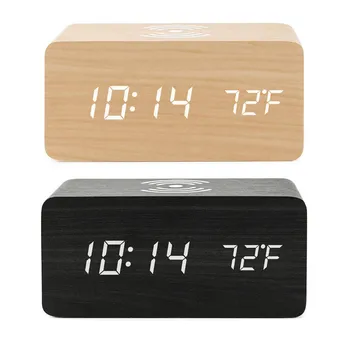 Din lemn Ceas cu Alarmă Digital Ceas cu Alarmă Inteligent Cu Încărcare Wireless din Lemn, Ceasuri de Alarmă Reglabil Luminozitatea Dimmer 12 / 24HR