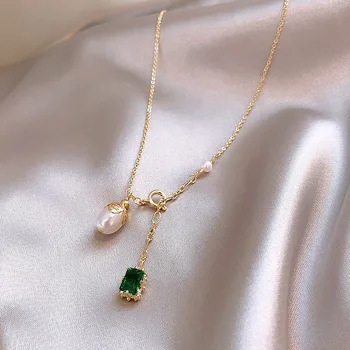 Fierbinte de Vânzare Bijuterii de Moda Elegant Pătrat Zircon Verde Perla Dublu Pandantiv Colier Elegant de zi cu Zi Sălbatice Colier pentru femei