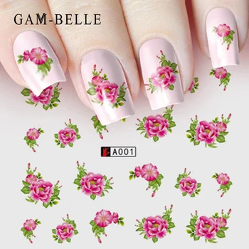 GAM-BELLE 1 Foaie de Flori DIY Slider Transfer de Apă Autocolant Nail Art Roz Floare Trandafir Decalcomanii Femei Machiaj de Frumusețe Împachetări de Unghii Decor
