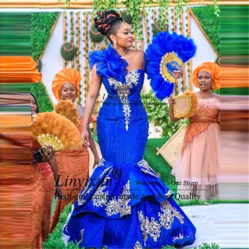 Lux Albastru Regal Africa Prom Rochii Sirenă Plus Dimensiune Mâneci Lungi Aplici Petrecere De Seara, Rochii De Aso Ebi Vestido De Fiesta