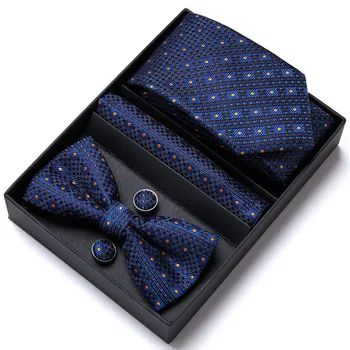 Mens de Lux Paisley Albastru Cravată de Mătase Buzunar Piff Butoni Papion Set în Cutie de Cadou Pentru Barbati Cadouri