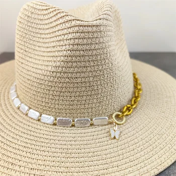 Moda Casual De Vara Unisex Plaja Jazz Soare Pălărie Panama Pălărie De Hârtie De Paie Pentru Femei Barbati Capac Cu Lanț Pearl Decor