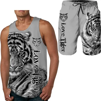 Moda de vara Top/ pantaloni Scurți/2PC Seturi Rece Tigru de Imprimare Topuri Rezervor Mens Vesta Sportwear Treninguri de Îmbrăcăminte pentru Bărbați