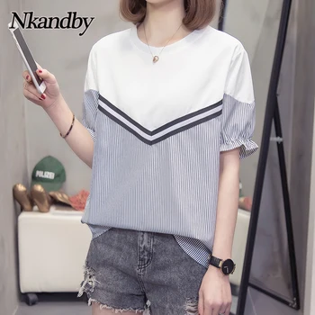 Nkandby femei tricou 2021 vara cu dungi mozaic maneci scurte largi tricou supradimensionat o-gât stil coreean topuri Feminine