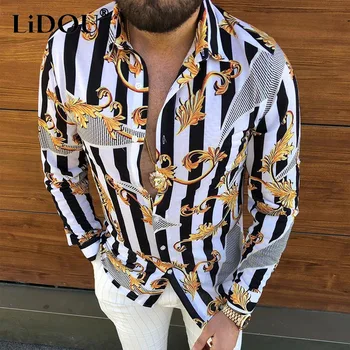 Primavara Toamna de Imprimare de Moda Dungi Verticale Omul cu bluze cu Maneci Lungi Vrac Tricou Casual sex Masculin Epocă Hip Hop Y2K Homme Haine