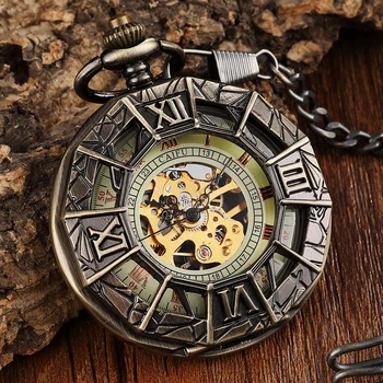 Retro Gol Ssteampunk Bărbați Ceas de Buzunar Mecanic Design Rece FOB Lanț de Bronz Ceas de Buzunar Bărbați relojes de bolsillo