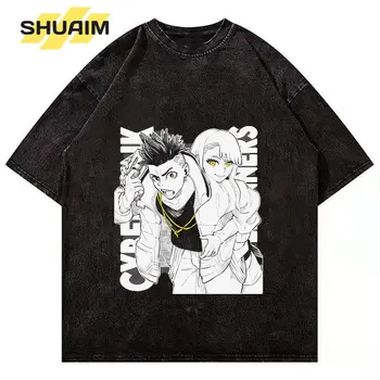 SHUAIM Anime Bărbați T-Shirt Cyberpunk Edgerunners Imprimare Harajuku Bumbac Tricou Hip Hop Spălat Streetwear Vara cu Maneci Scurte Topuri