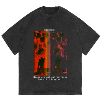 Vara pentru Femei T-shirt Rose Print Vintage Spălat Supradimensionat Maneca Scurta Tricou Hip Hop Streetwear Casual Topuri Largi Rainbowwaves