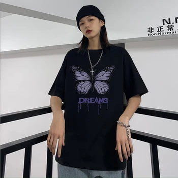 Y2K Gotic Hip Hop Bărbați Femei T Shirt Îmbrăcăminte Bluza Vrac Estetice Violet Desene animate Fluture de Imprimare Topuri Punk Harajuku Tricou